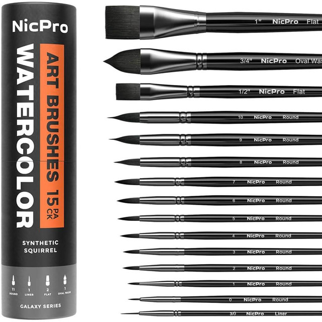 Nicpro 15PCS Watercolor Brushes, Synthetic Squirrel Professional Watercolor Paint Brush Set, Water Color Brushes with Round, Cat Tongue, Liner, Flat, Wash for Artists, Adults, Inks, Gouache