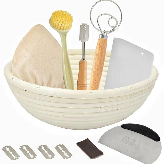 Koackl Sourdough Bread Baking Supplies, Sourdough Starter Kit, 9 Inch Round Banneton Basket with Cloth Liners, Dough Scrapers, Dough Whisk, Dough Cutter, Bread Lame for Making Baking Fermentation
