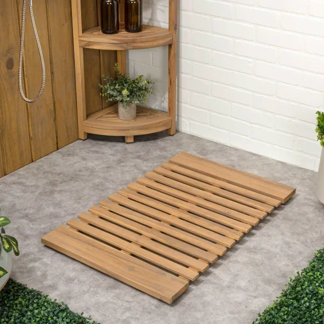 JONATHAN Y Paige Modern Classic Acacia Wood Slat Light Teak 20 in. x 32 in. Indoor/Outdoor Shower Mat