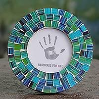 Green and Blue Handcrafted Circular Glass Mosaic Photo Frame, "Aqua Mist"