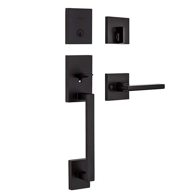Kwikset 98180-020 San Clemente Single Cylinder Low Profile Front Lock Handleset with Halifax Door Handle Lever Featuring SmartKey Security, Iron Black
