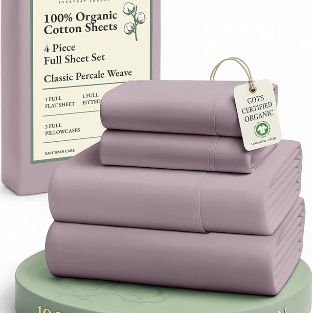 LANE LINEN Eco Friendly 100% Organic Cotton Bed Sheets Full Size, Fully Elasticized Reinforsed Seams, Machine Washable Naturally Cooling Full Sheet Deep Pocket Bedding- Lilac