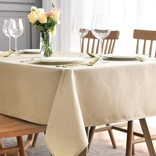 maxmill Jacquard Tablecloth Swirl Design Spillproof Wrinkle Free Oil Resistant Heavy Weight Soft Table Cloth Decorative Fabric Table Cover for Outdoor and Indoor Use Oblong 60 x 120 Inch Beige