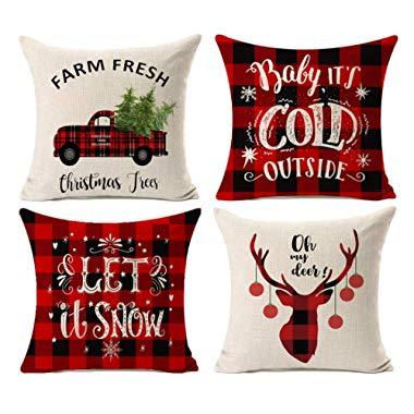 Kithomer Set of 4 Christmas Decorations Pillow Covers Christmas Buffalo Plaid Farmhouse Decor Throw Pillow Cases Retro Truck Cushion Cover 18 x 18 Inch Home Decoration