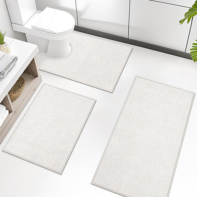 chakme Bathroom Rug Sets 3 Piece, Ultra Thin Bath Mat Quick Dry Bath Mat Set, Absorbent Bath Mat for Bathroom Non Slip Machine Washable, (White, 3 Piece)