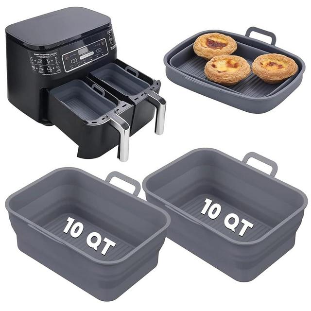 Vangerute Collapsible 2-Pack Air Fryer Silicone Liners for 10QT NINJA Foodi Dual, Rectangular Air Fryer Silicone Pot, Reusable Silicone Air Fryer Basket for Air Fryer Accessories (Gray)