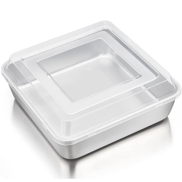 TeamFar 9 x 9 Inch Square Cake Pan, Stainless Steel Square Baking Pan with Lid for Brownie Lasagna, Non-Toxic Heavy Duty, One Piece Smooth, Dishwasher Safe Easy Clean, (1 Pan + 1 Lid)