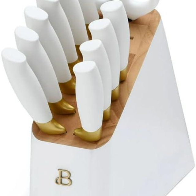 Beautiful 12-Piece Stainless Steel Knife Block Set by Drew Barrymore, Soft-Grip Ergonomic Handles, Stick-Resistant Coating