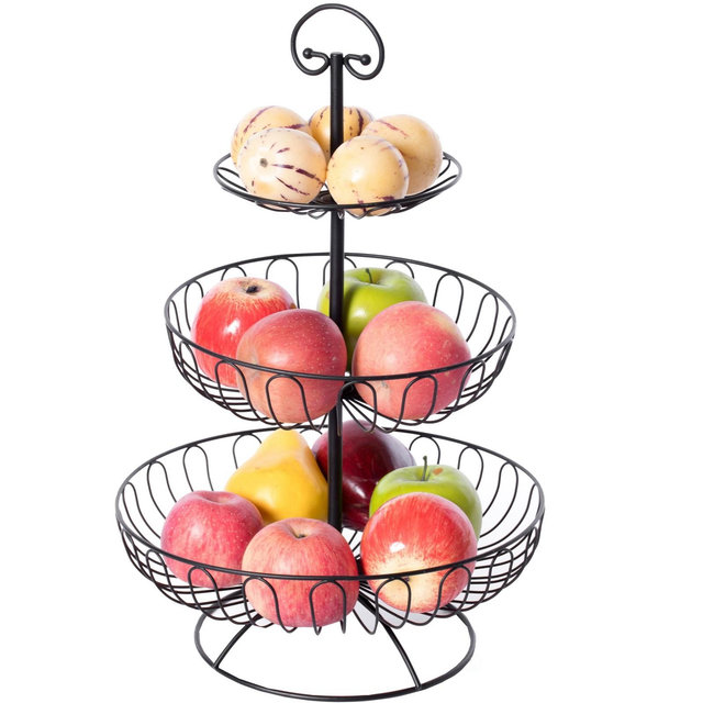Basicwise 3 Tiers Wire Iron Basket Fruit Bowl, Black