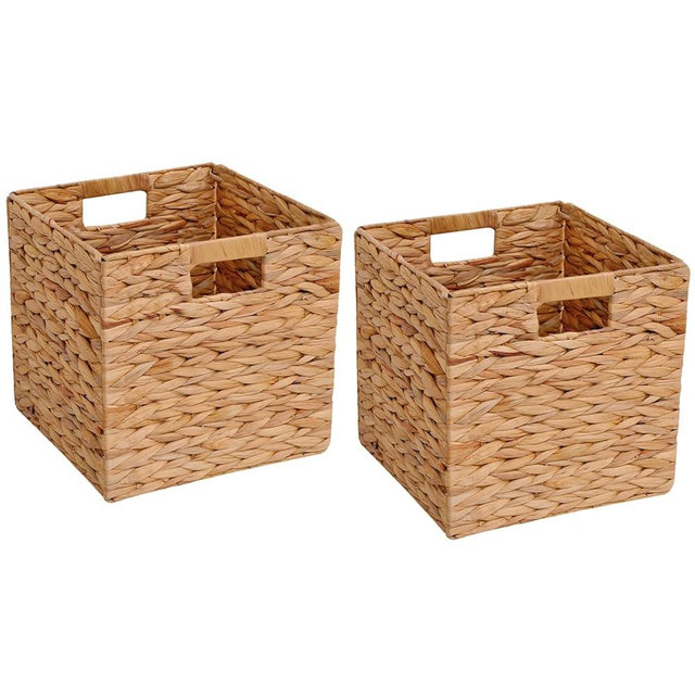 Wicker Storage Basket Foldable Hyacinth Storage Box Set of 2, 12x12x12 Inch - Handmade Woven Basket for Closet,Shelf Organization & Decor