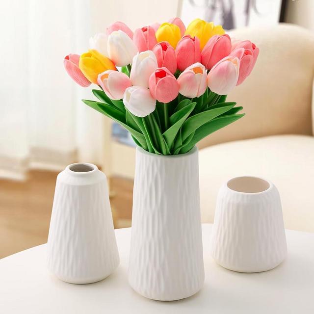 White Ceramic Vase - Set of 3 Flower Vase for Modern Home Decor, Boho Vase for Living Room, Shelf, Table, Bookshelf, Mantel and Entryway Decor