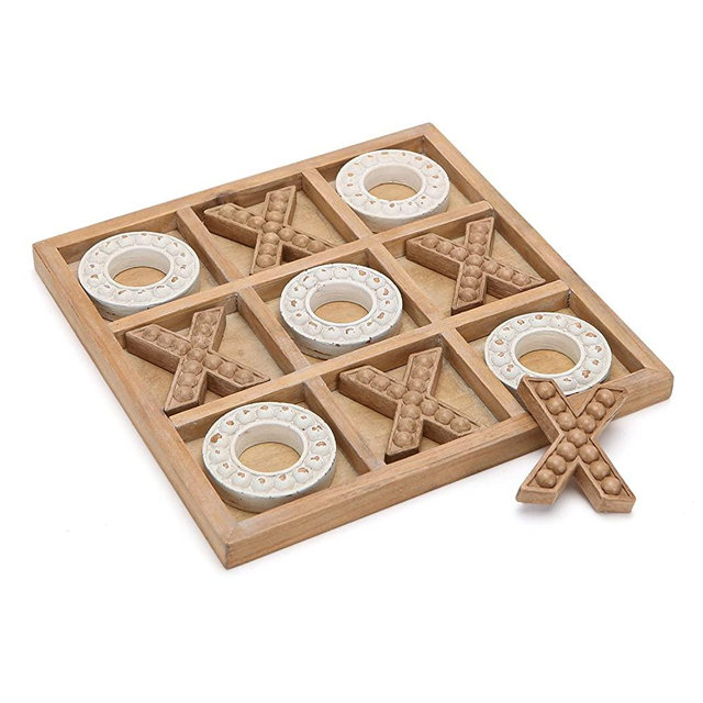 NIKKY HOME Tic Tac Toe Wood Board Game for Kids Family, 10.6 Inch Rustic Wooden Coffee Table Decor, Wood & White