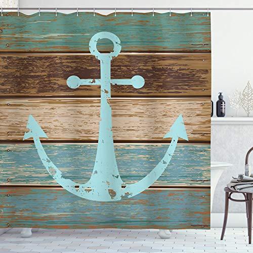Ambesonne Anchor Shower Curtain, Timeworn Marine on Weathered Wooden Planks Rustic Nautical Theme, Cloth Fabric Bathroom Decor Set with Hooks, 70" Long, Teal Brown
