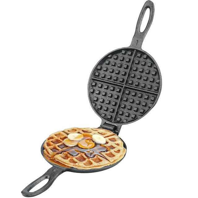 Cast Iron Waffle Maker for Stovetop or Grill, 7 inch Round Waffle Iron, Two Piece Hinged Non-Electric - Quick Heating, Easy Clean