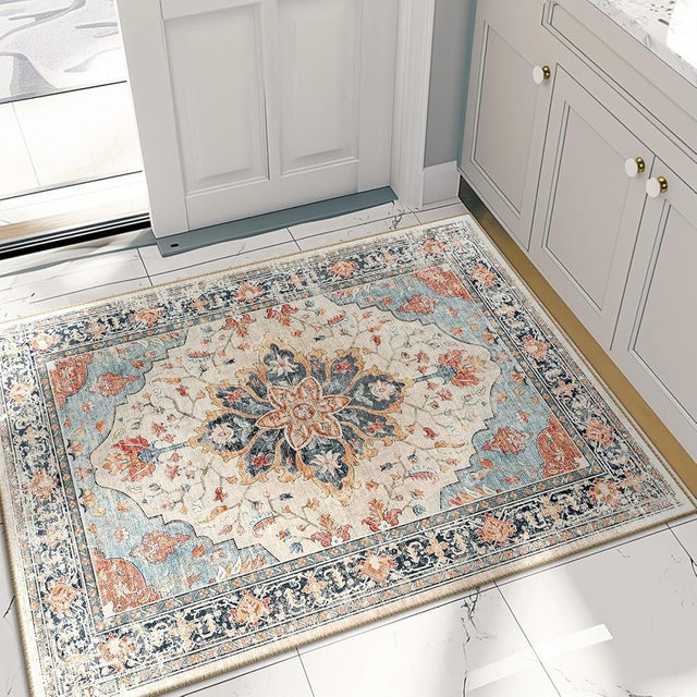 RELEANY 2x3 Area Rugs 2x3, Washable Rug, Non-Slip, Kitchen Rugs, Entryway Rug, Small Rug, Door Mat, Floor Carpet, Vintage Rugs Boho Floral Medallion, Low Pile, Soft, Beige Dark Blue Navy Red