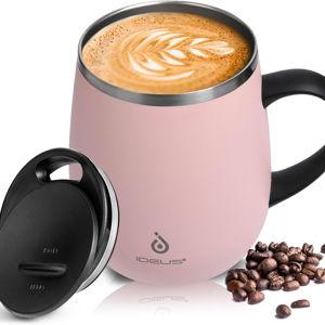 Ideus 16 oz Insulated Coffee Mug with Handle and Lid, Double Wall Stainless Steel Vacuum Thermal Coffee Mug, Travel Coffee Cup Thermal Cup for Home and Office, Sakura Pink