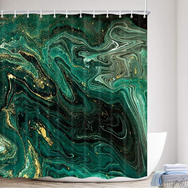 MERCHR Marble Shower Curtain, Green Ocean Texture Fabric Shower Curtain, Beautiful Paint and Gold Powder for Bathroom Waterproof Cloth Art Bath Curtain with Hooks Set, 69X70 inch