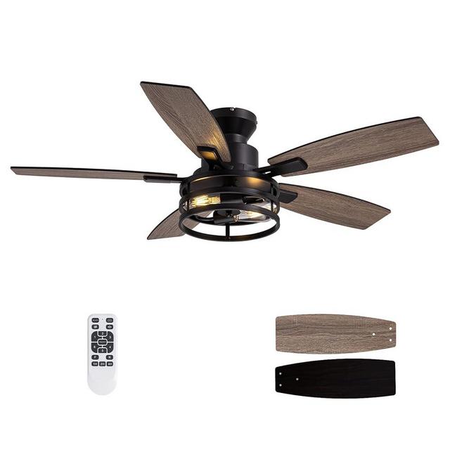 46 Inch Flush Mount Ceiling Fans with Lights and Remote Control, Low Profile Farmhouse Ceiling Fan for Bedroom Living Room and Patio, Black Caged Ceiling Fan for Indoor and Outdoor