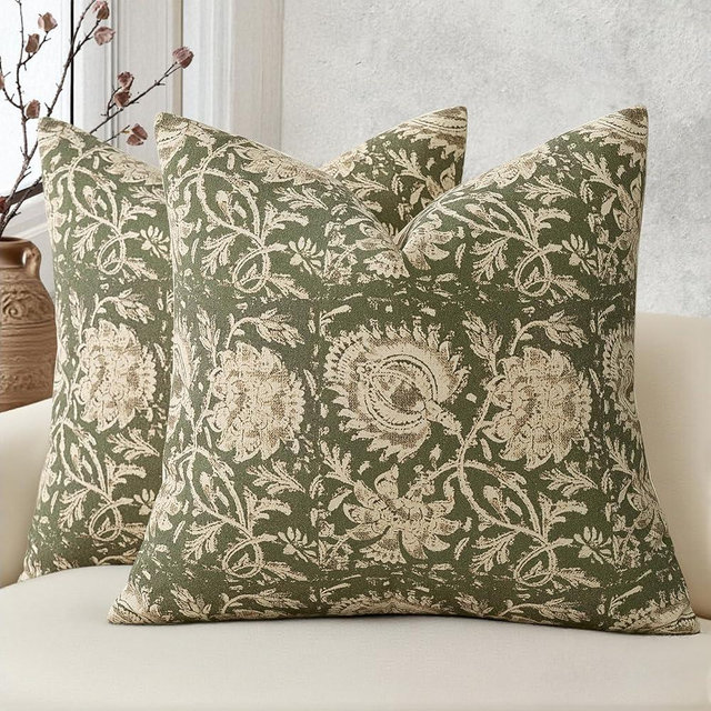 DKwizme Vintage Floral Print Throw Pillow Covers 26x26 Set of 2 Neutral Modern Farmhouse Accent Decorative Cushion Covers Boho Home Decor for Couch Sofa Chair Bed Living Room, Olive Green
