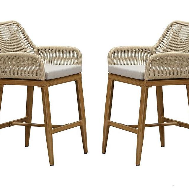 PURPLE LEAF Outdoor 24" Counter Height Bar Stools Chair Set of 2, All Weather Rattan and Aluminum Patio Bar Stool with Cushion for Indoor and Outdoor, Kitchen Island, Teak