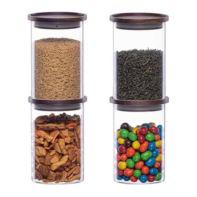 Essos Glass Jars with Wood Lids Set of (4) of 28 fl oz Airtight and Stackable Storage Containers for the Kitchen or Pantry Canister Wooden Lid holds Food Cookies