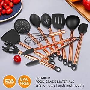 MIBOTE Kitchen Utensils Set with Holder, Silicone Cooking Kitchen Utensils Set with Stainless Steel Handle - Copper