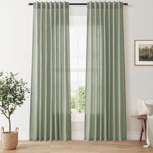 Sage Green Linen Curtains for Living Room 84 Inch Length 2 Panels Set, Light Filtering Non-See-Through Privacy Semi Sheer Back Tabs Window Farmhouse Drapes for Bedroom, 52W x 84L, Sage