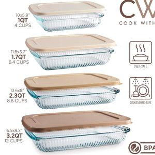 8-Piece Deep Glass Baking Dish Set with Plastic Lids