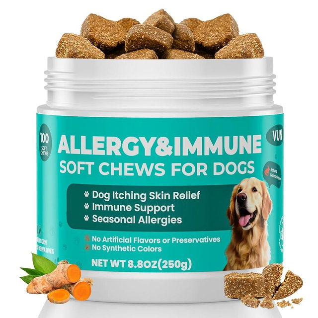 VUN Dog Allergy Relief Chews,Itchy Skin and Coat Relief,Paw Licking Support with Omega 3 Fish Oil,Probiotics Colostrum for Seasonal Allergy and Hot Spot,Immune Supplement for Dogs-100 Soft Chews