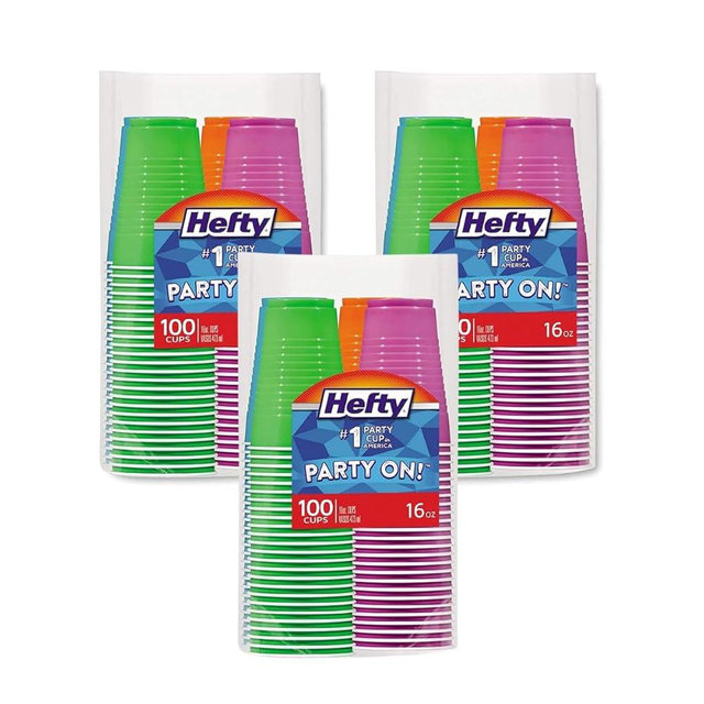 Hefty Party On Disposable Plastic Cups, Assorted, 16 Ounce 100 Count (Pack of 3)