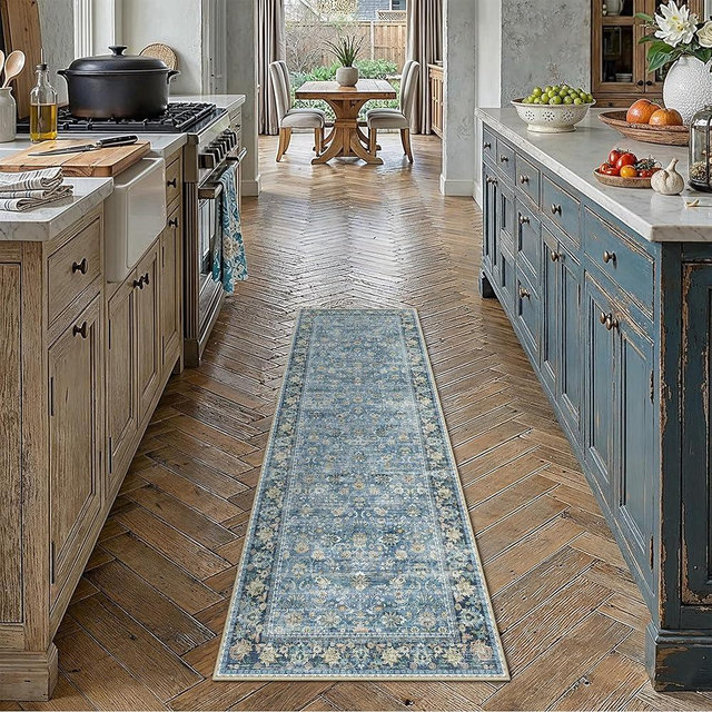 HUGEAR 2x6 Runner Rug Machine Washable Light Blue Hallway Area Rugs Indoor Accent Rugs Floral Low Pile Carpet Distressed Throw Rug Bedroom Living Room Office Dining Kitchen Laundry Non Slip