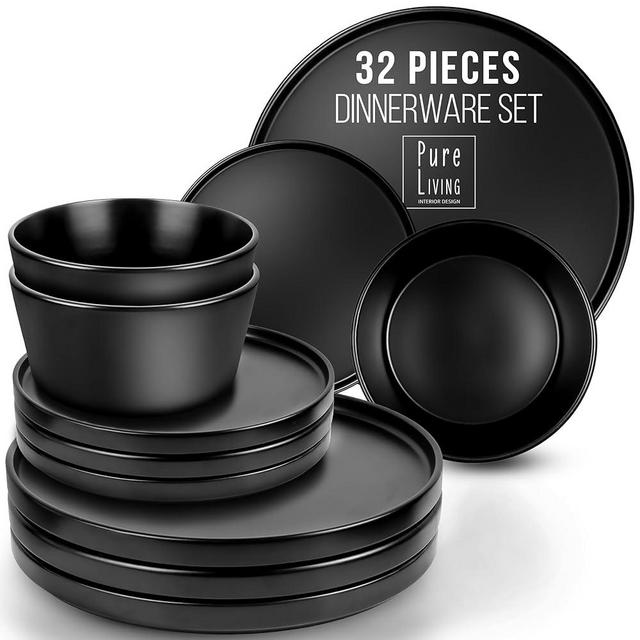 Matte Black Dinnerware Set - Ultra Chic Black Stoneware Dinnerware Sets for 8-32 pcs. Matte Black Plate Set - Dishwasher and Microwave Safe - Black Plates Ceramic and Bowls - Black Dishware