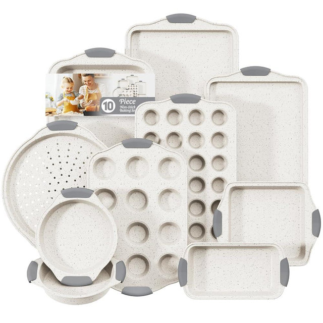 10-Piece Nonstick Bakeware Sets, Stackable Non Toxic Bakeware Sets with Cookie Sheets, Cake Pan, Loaf Pan, Pizza Pan, Muffin Pan, White&Gray