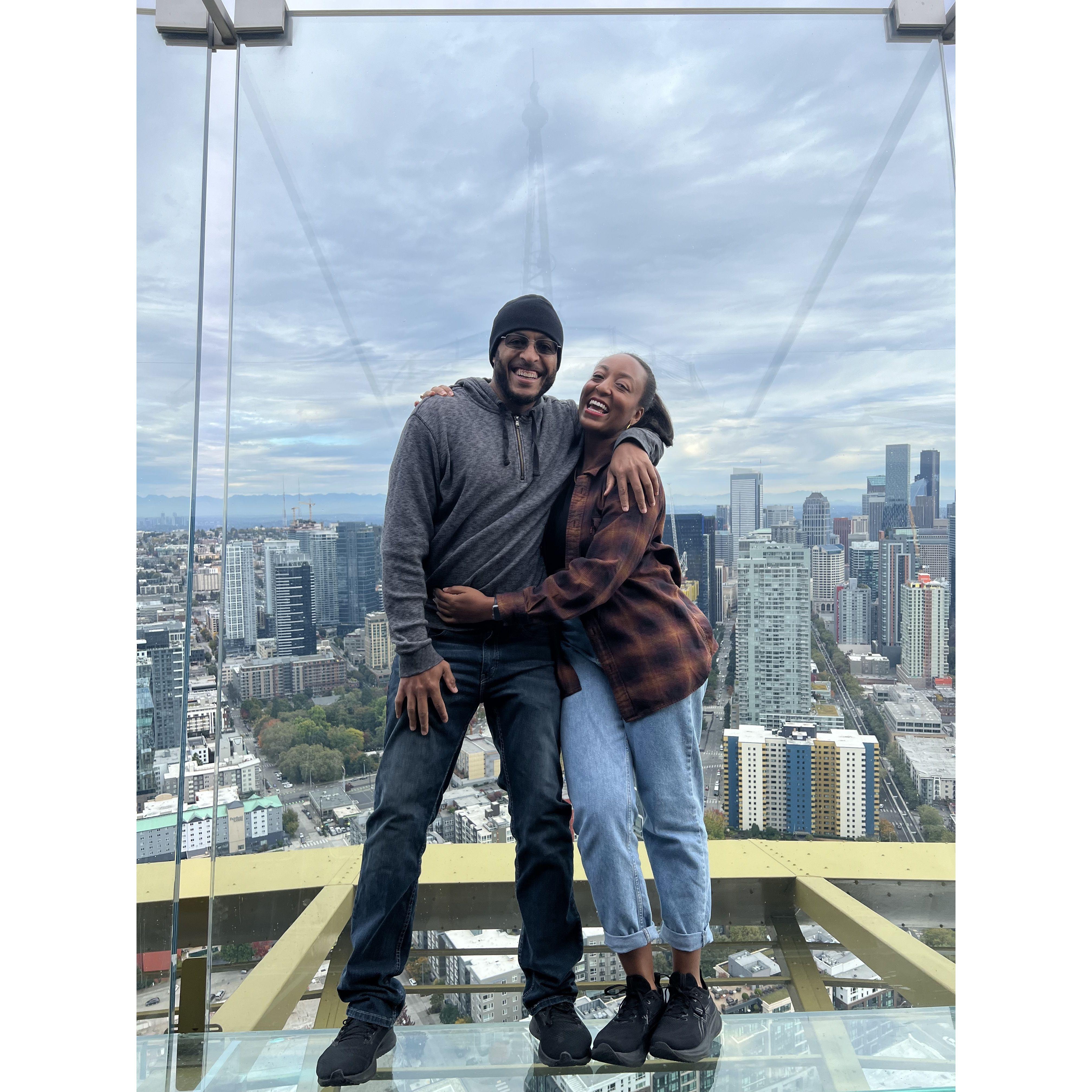 Chris ignoring his fear of heights to come with me to the top of the Space Needle!