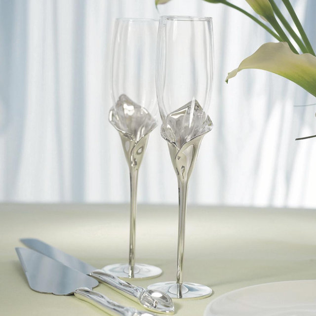 Silver Calla Lily Stemmed Wedding Champagne Flutes Set of 2