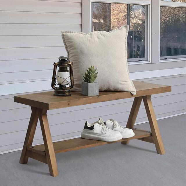 RowyPoey Solid Wood Bench, 43" Farmhouse Entryway Bench for Living Dining Room, Rustic Storage Bench Seat for Indoors and Outdoors, Natural