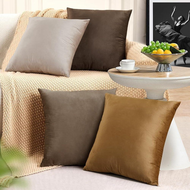 JIIBERL Throw Pillow Covers 18x18 Set of 4 - Couch Pillow Covers for Living Room Decorative Velvet Pillow Covers Neutral Soft Sofa Pillow Covers for Bed Bedding Room(Brown)