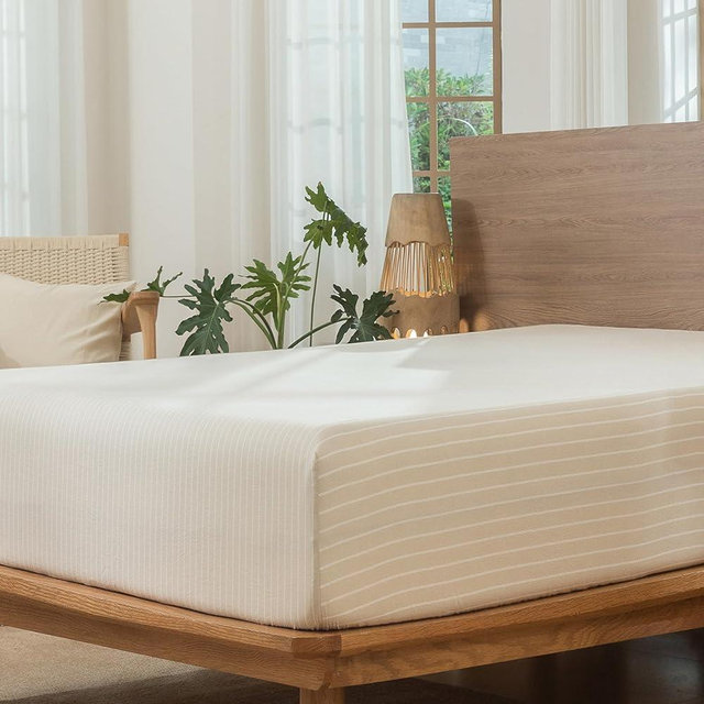 MooMee Stripes Fitted Bottom Sheet Only 100% Washed Cotton Linen Like Textured Breathable Durable Soft Comfy Deep Pocket (Almond Milk Grey White Wide Stripes, Queen)