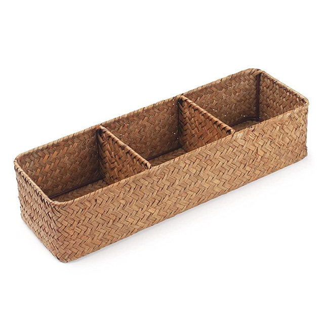 DECRAFTS Seagrass Storage Basket 3 Sections Woven Shelf Baskets with Compartment (Natural, 14.6inch x 4.7inch x 3.1inch)