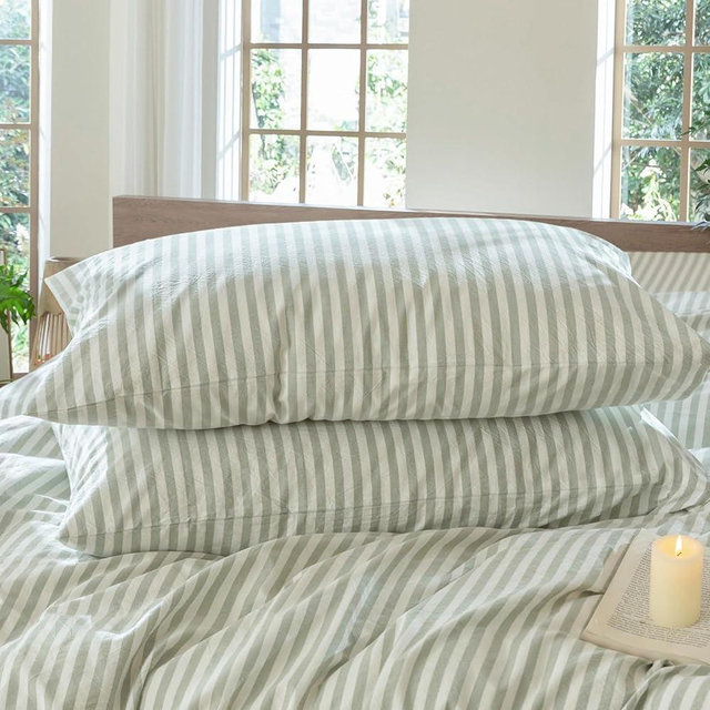 MooMee Bedding Pillowcases Striped Pack of 2 100% Washed Cotton Linen Like Textured Breathable Durable Soft Comfy (Sage Green White Classic Stripes, Queen)