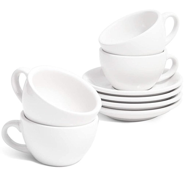 LE TAUCI 6 oz Cappuccino Cups with Saucers，Ceramic Coffee Cup for Au Lait, Double shot, Latte, Cafe Mocha, Tea - Set of 4, White