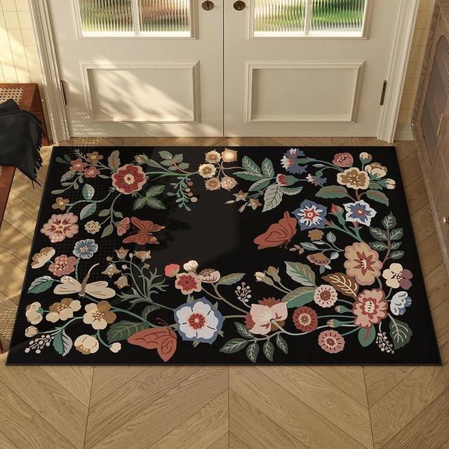 Vowkten Door Mat Indoor Entrance 2x3 Rug Machine Washable Vintage Vibrant Floral Small Area Rug Non-Slip Low Pile Throw Rugs for Entryway, Kitchen, Front Door, Entry, Kids Room (Black)