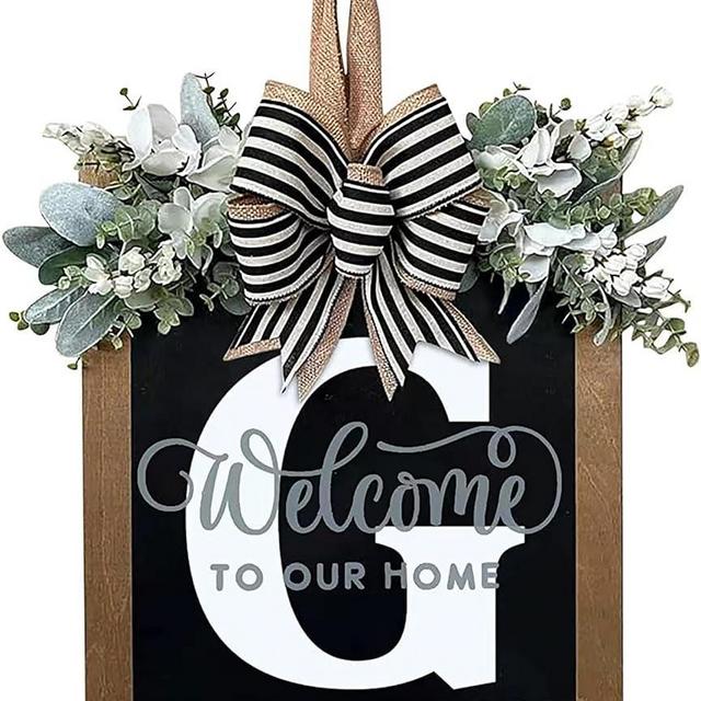 2024 New Last Name Year Round Front Door Wreath Front Porch Decoration 26 Letter Welcome Sign with Eucalyptus Garland and Bow Spring Wreaths for Front Door Outside Hanger Garland (G)