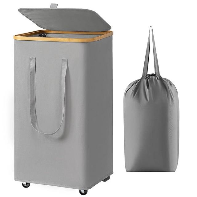 Chirslley 100L Large Laundry Basket with Wheels,Tall Laundry Hamper with Lid and Removable Liner Bag, Foldable Clothes Hamper Organizer with Bamboo Handles for Bathroom, Dorm, Bedroom, Grey