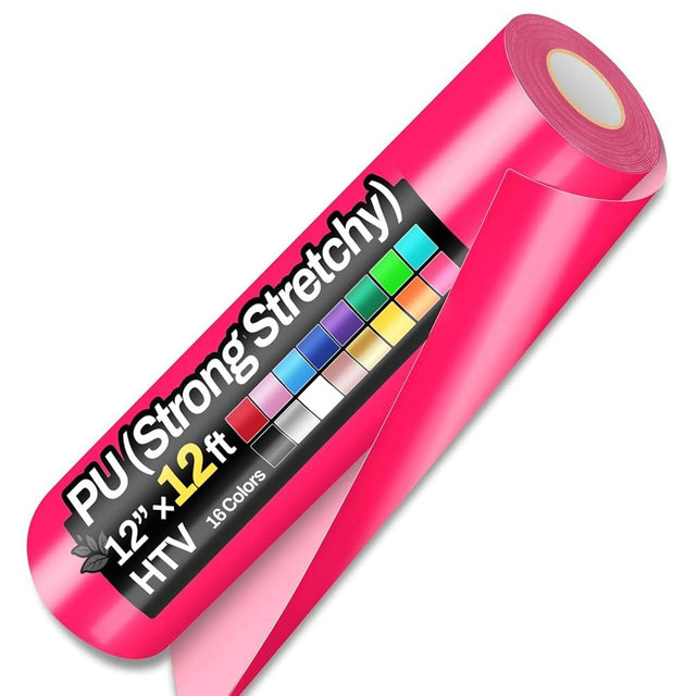 12" x 12ft Heat Transfer Vinyl Rolls, PU (Strong Stretchy) HTV Vinyl Neon Pink for Shirts, Sooez Iron on Vinyl for All Cutter Machine, Easy to Cut & Weed for DIY Heat Design, Matte Finish
