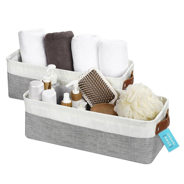 OrganiHaus Narrow Storage Bins 15x06in, Small Closet Bins for Shelves, Bathroom Storage Baskets for Shelves, Narrow Baskets, Fabric Organizer with Handles, Toilet Paper Organizer - 2 Pack, Gray