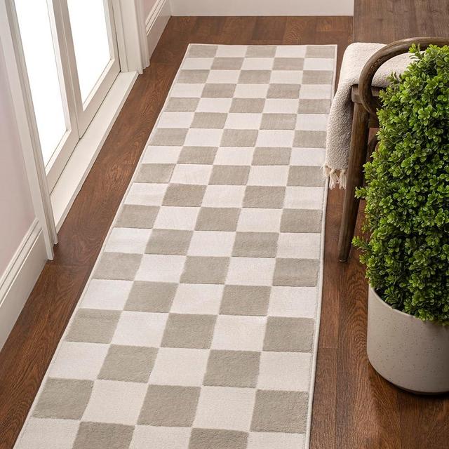 JONATHAN Y SND103A-28 Thea Modern Geometric Checkerboard High-Low Beige/Cream 2 ft. x 8 ft. Runner Rug, Easy-Cleaning, Pet-Friendly for Bedroom, Living Room, Kitchen, Office, Non-Shedding