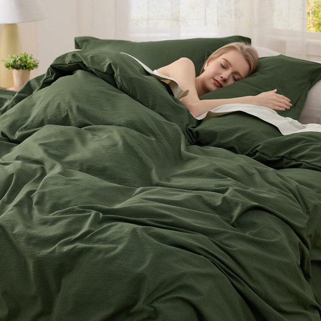 Bedsure Boho Duvet Cover Queen Size - Imitation Cotton Dobby Duvet Cover Set for All Seasons - 3 Pieces Textured Jacquard Bedding Set with 2 Pillow Shams, NO Comforter (Olive Green, Queen, 90"x90")