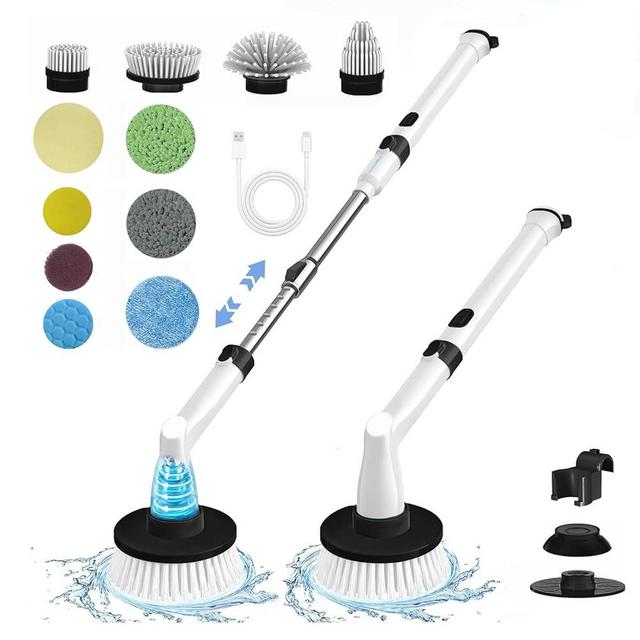 Cleanninja Electric Spin Scrubber Cordless - Electric Scrubber for Cleaning with 11 Replaceable Heads - Bathroom Scrubber Electric Tub Scrubber with Long Handle (White/Black)