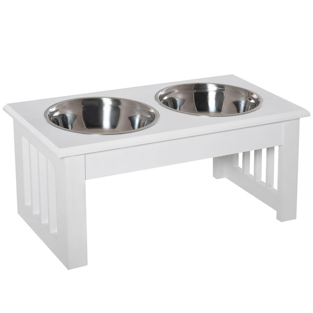 PawHut 17" Durable Wooden Dog Feeding Station with 2 Included Dog Food Bowls and a Non-Slip Base White
